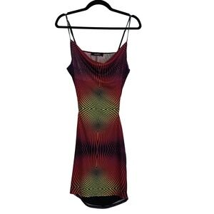 Akira Rainbow Optical Illusion Cowl Neck Mini Dress Open Back Multicolor Large